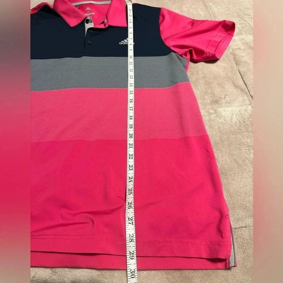Adidas Golf Polo Men’s Size Medium Pink Blue Striped - Picture 5 of 5